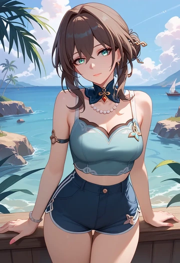 star rail,ruan mei,sleeveless swim top,shorts-style bottom,contrast stitching  - AI generated anime art